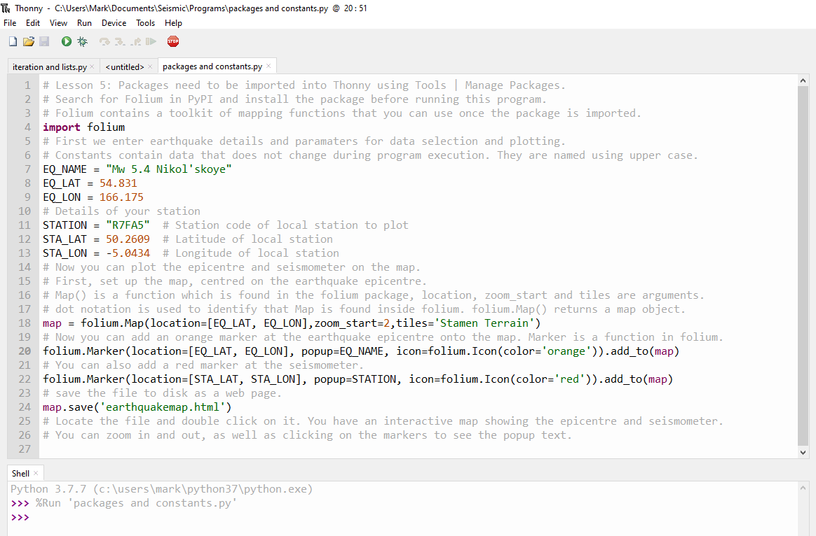 Thonny editor showing python code for plotting an earthquake epicentre using the Folium library
